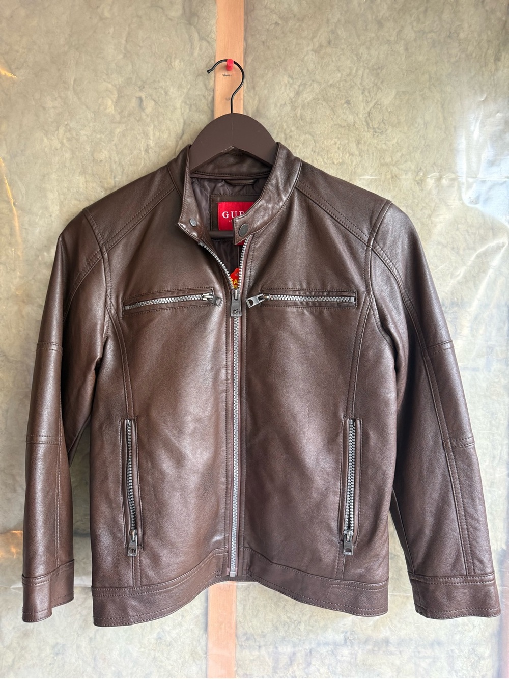 GUESS Men's Dark Brown Leather Bomber Jacket